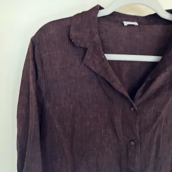 Poetry Brown Linen Peplum Button Down Top - Picture 5 of 10